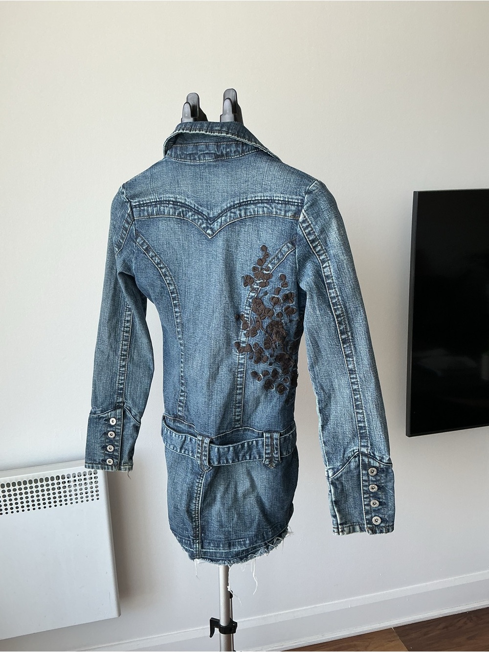 Denim Trench Jacket with Embroidered Detail - Blue